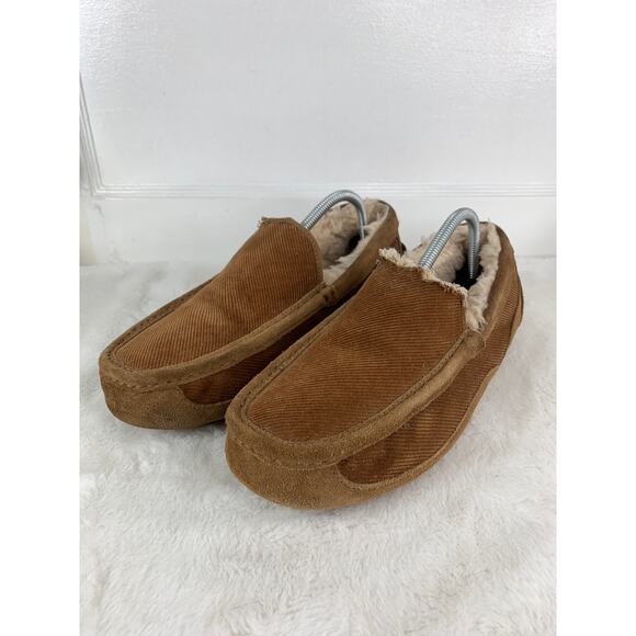 UGG Ascot Corduroy II Chestnut Suede Moccasin Slippers Men’s Size 10 - Picture 1 of 12